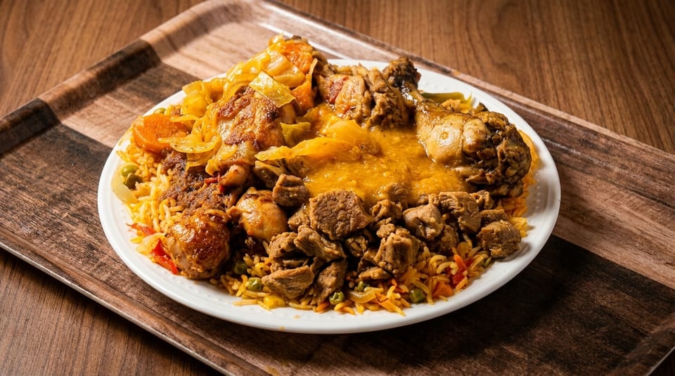 A large plate of rice with chicken, beef, and vegetables in a savory sauce on a wooden tray.