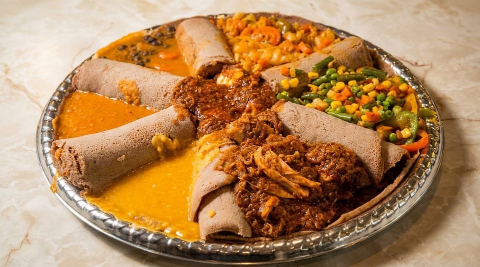 A large platter of Ethiopian injera bread with various stews and vegetables.