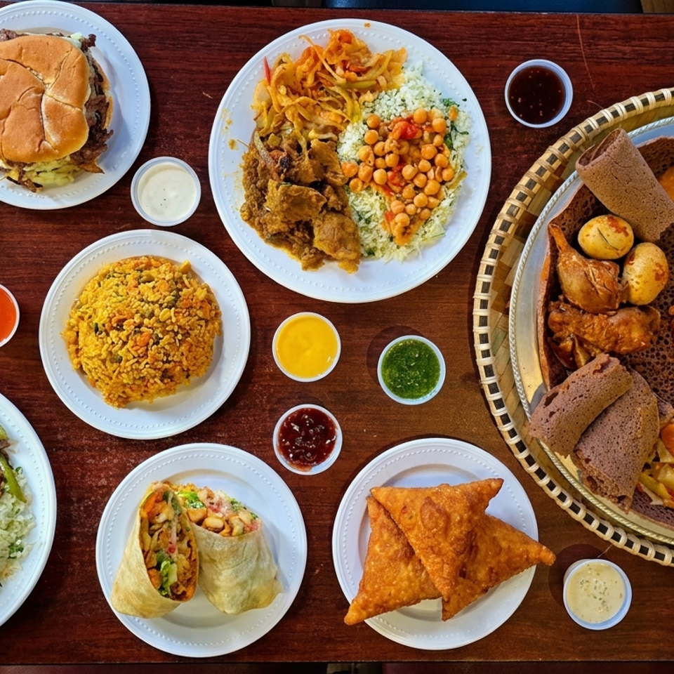 An overhead view of a wooden table laden with various Ethiopian and American dishes, including injera, rice, burgers, and samosas.